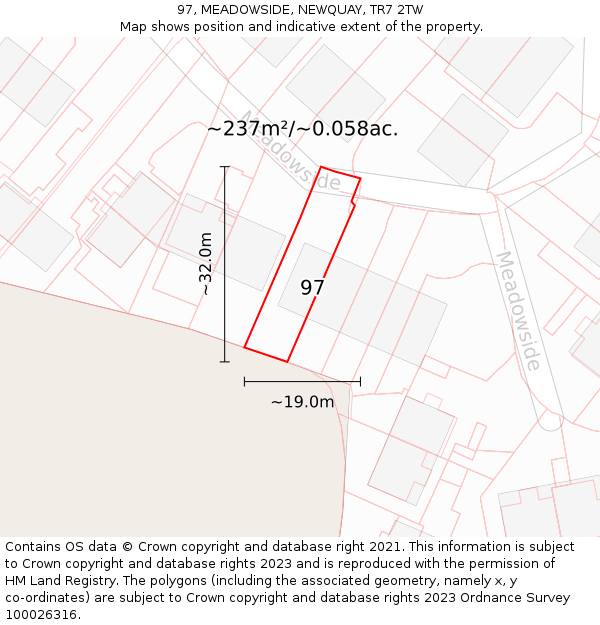97, MEADOWSIDE, NEWQUAY, TR7 2TW: Plot and title map
