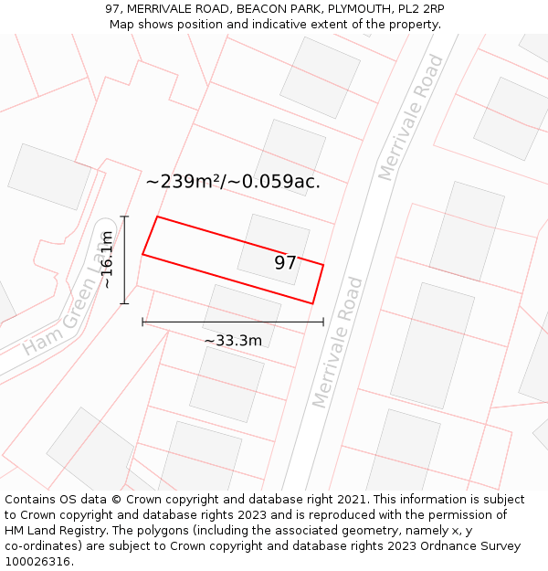 97, MERRIVALE ROAD, BEACON PARK, PLYMOUTH, PL2 2RP: Plot and title map