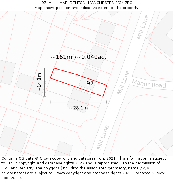 97, MILL LANE, DENTON, MANCHESTER, M34 7RG: Plot and title map