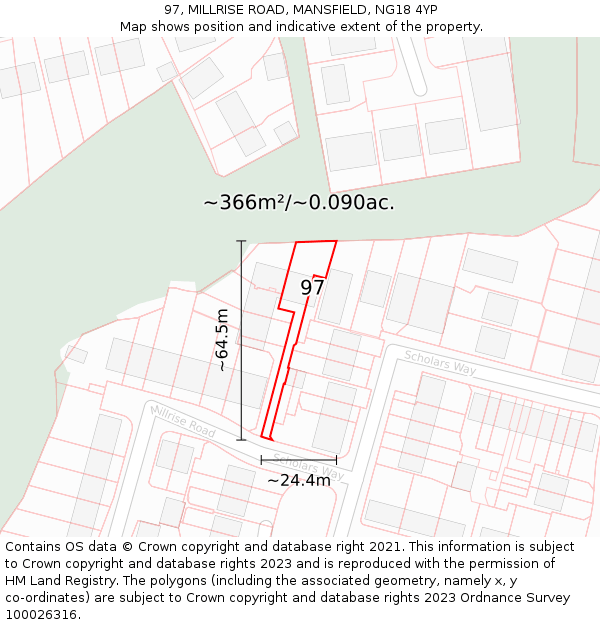 97, MILLRISE ROAD, MANSFIELD, NG18 4YP: Plot and title map