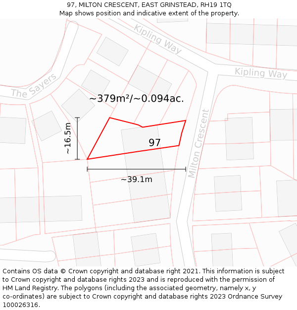 97, MILTON CRESCENT, EAST GRINSTEAD, RH19 1TQ: Plot and title map