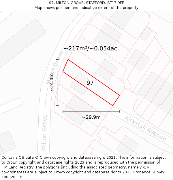 97, MILTON GROVE, STAFFORD, ST17 9FB: Plot and title map