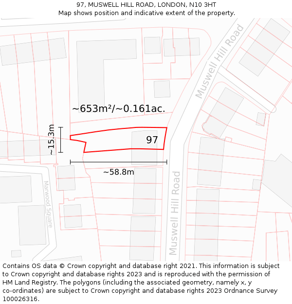 97, MUSWELL HILL ROAD, LONDON, N10 3HT: Plot and title map
