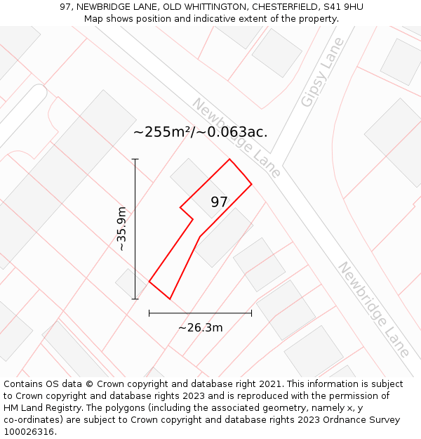 97, NEWBRIDGE LANE, OLD WHITTINGTON, CHESTERFIELD, S41 9HU: Plot and title map