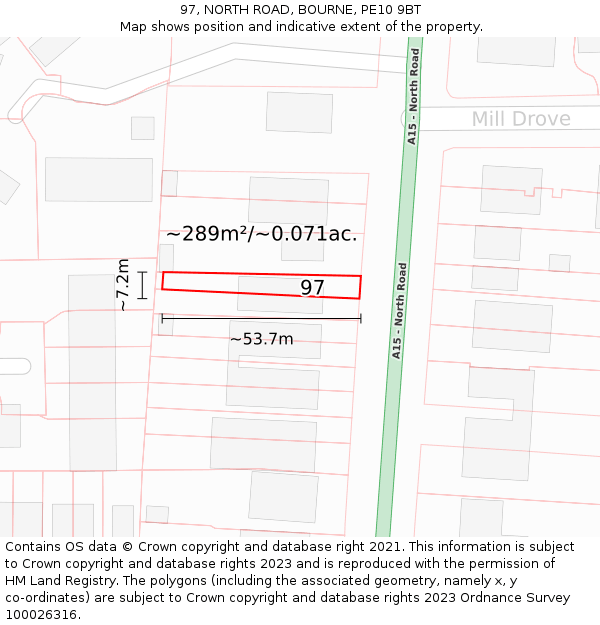97, NORTH ROAD, BOURNE, PE10 9BT: Plot and title map