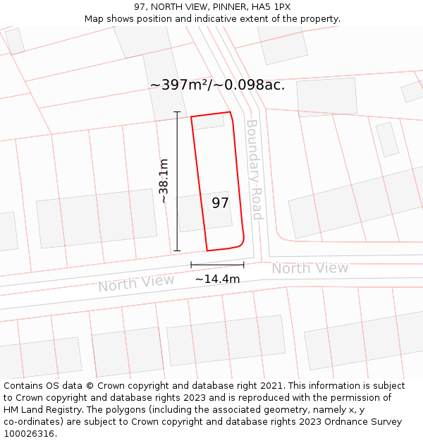 97, NORTH VIEW, PINNER, HA5 1PX: Plot and title map