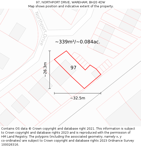 97, NORTHPORT DRIVE, WAREHAM, BH20 4DW: Plot and title map