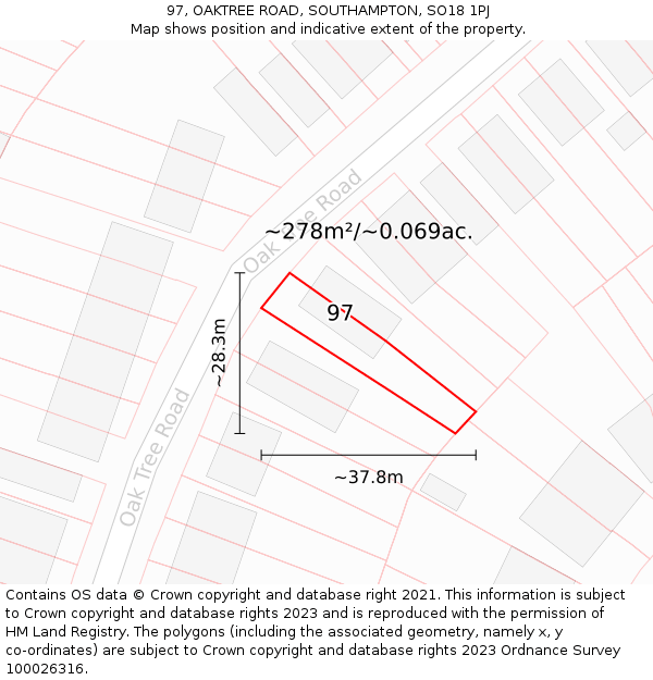 97, OAKTREE ROAD, SOUTHAMPTON, SO18 1PJ: Plot and title map