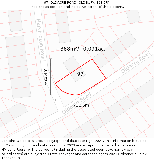 97, OLDACRE ROAD, OLDBURY, B68 0RN: Plot and title map