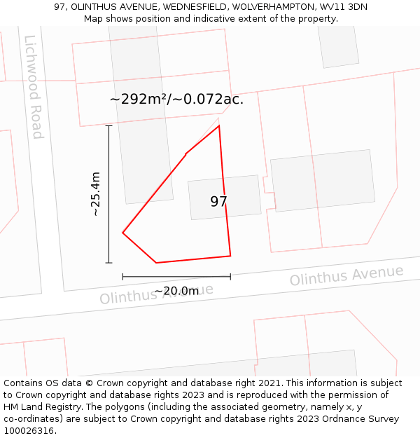 97, OLINTHUS AVENUE, WEDNESFIELD, WOLVERHAMPTON, WV11 3DN: Plot and title map