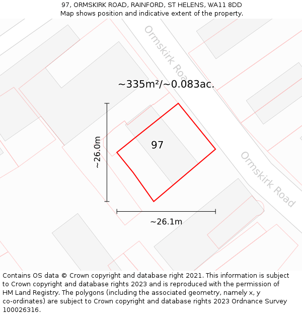 97, ORMSKIRK ROAD, RAINFORD, ST HELENS, WA11 8DD: Plot and title map