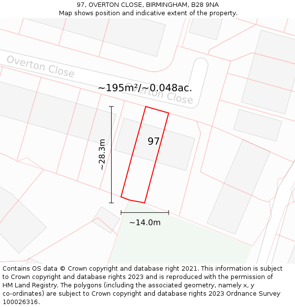 97, OVERTON CLOSE, BIRMINGHAM, B28 9NA: Plot and title map