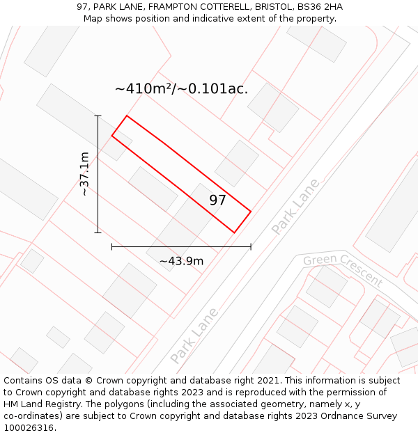 97, PARK LANE, FRAMPTON COTTERELL, BRISTOL, BS36 2HA: Plot and title map