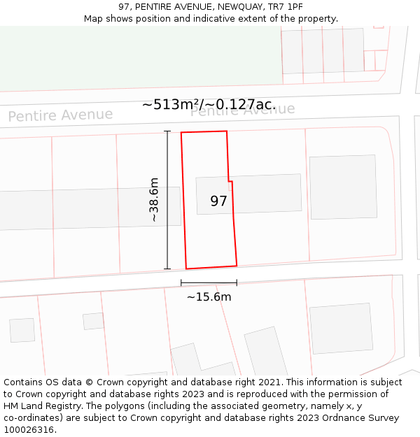 97, PENTIRE AVENUE, NEWQUAY, TR7 1PF: Plot and title map
