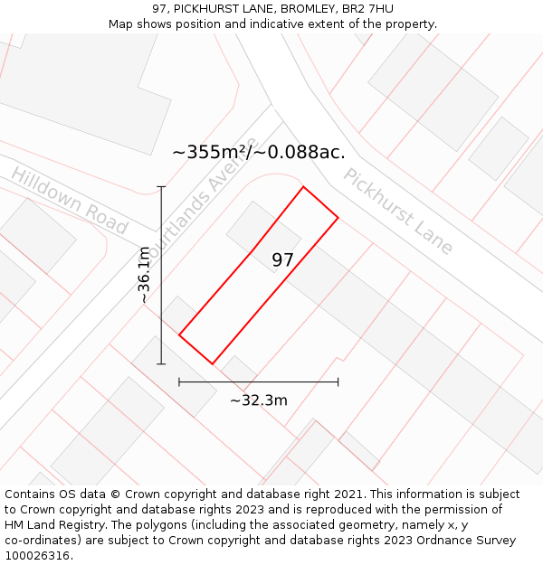 97, PICKHURST LANE, BROMLEY, BR2 7HU: Plot and title map