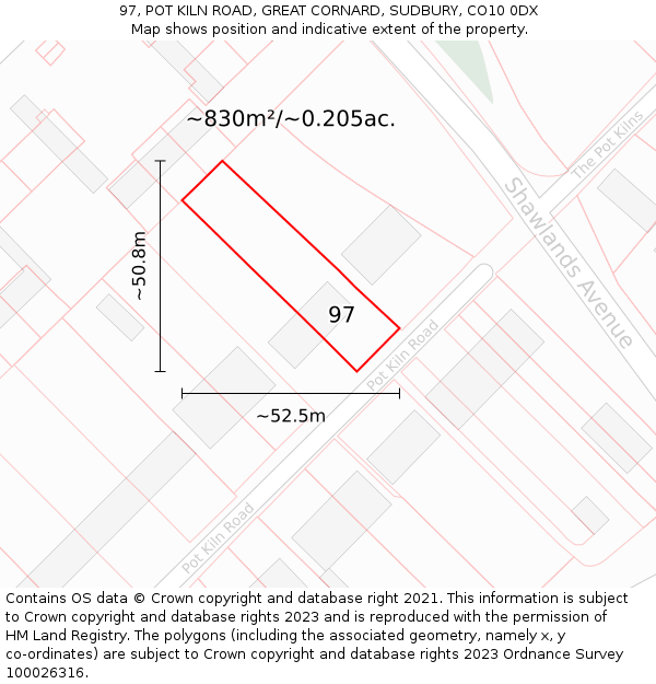 97, POT KILN ROAD, GREAT CORNARD, SUDBURY, CO10 0DX: Plot and title map