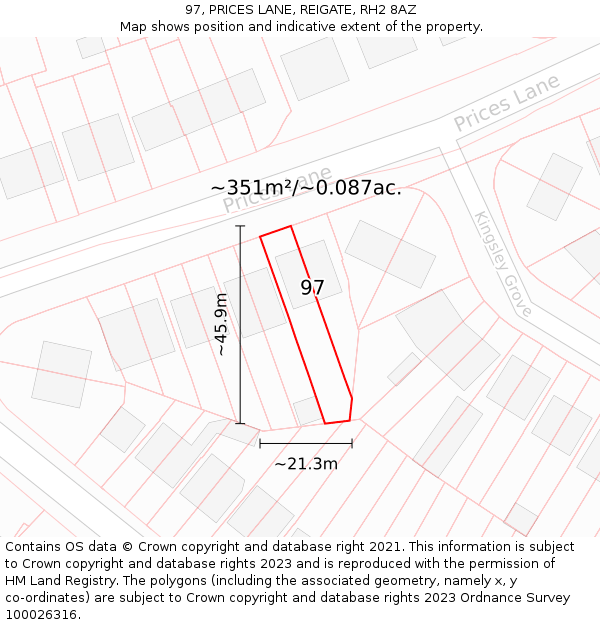 97, PRICES LANE, REIGATE, RH2 8AZ: Plot and title map