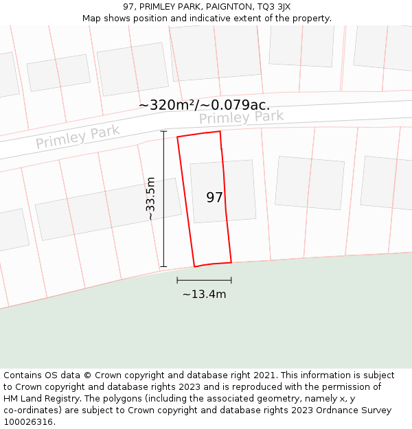 97, PRIMLEY PARK, PAIGNTON, TQ3 3JX: Plot and title map