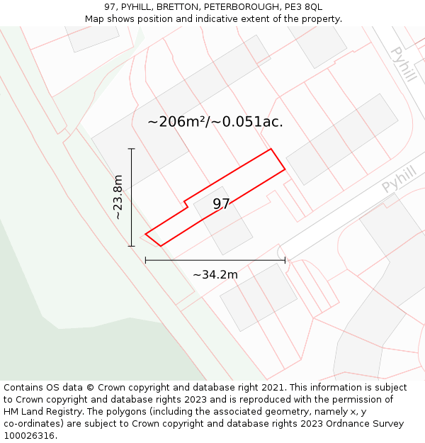 97, PYHILL, BRETTON, PETERBOROUGH, PE3 8QL: Plot and title map