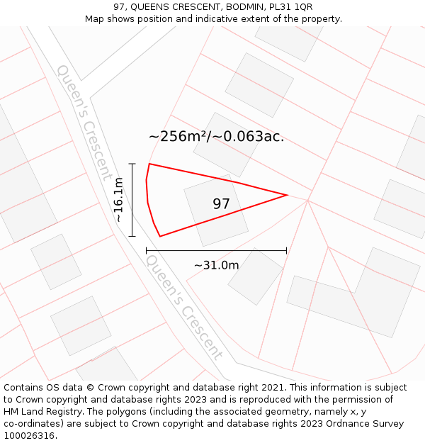 97, QUEENS CRESCENT, BODMIN, PL31 1QR: Plot and title map