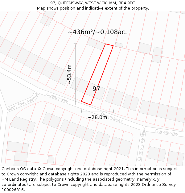 97, QUEENSWAY, WEST WICKHAM, BR4 9DT: Plot and title map