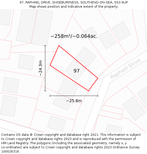 97, RAPHAEL DRIVE, SHOEBURYNESS, SOUTHEND-ON-SEA, SS3 9UP: Plot and title map