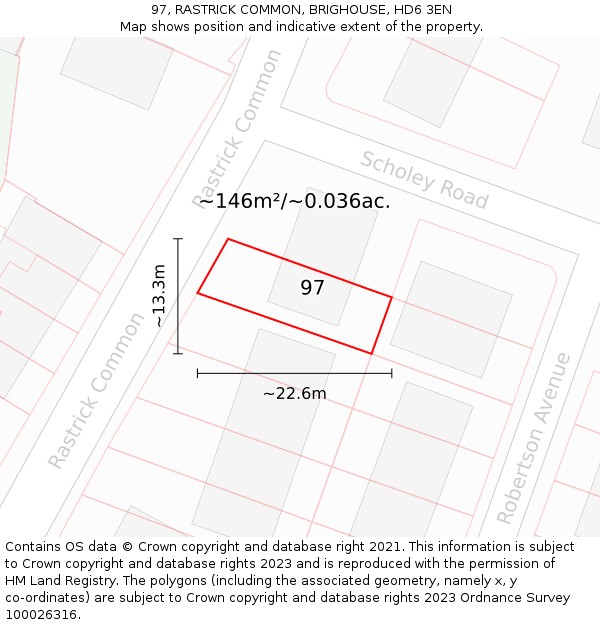 97, RASTRICK COMMON, BRIGHOUSE, HD6 3EN: Plot and title map