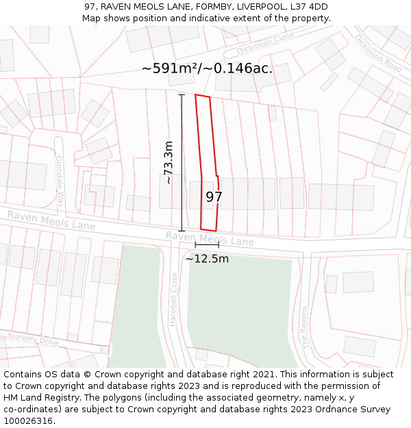 97, RAVEN MEOLS LANE, FORMBY, LIVERPOOL, L37 4DD: Plot and title map