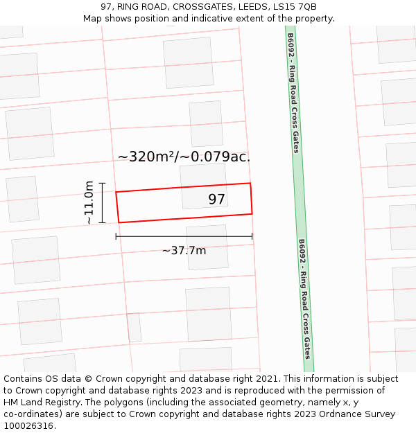 97, RING ROAD, CROSSGATES, LEEDS, LS15 7QB: Plot and title map