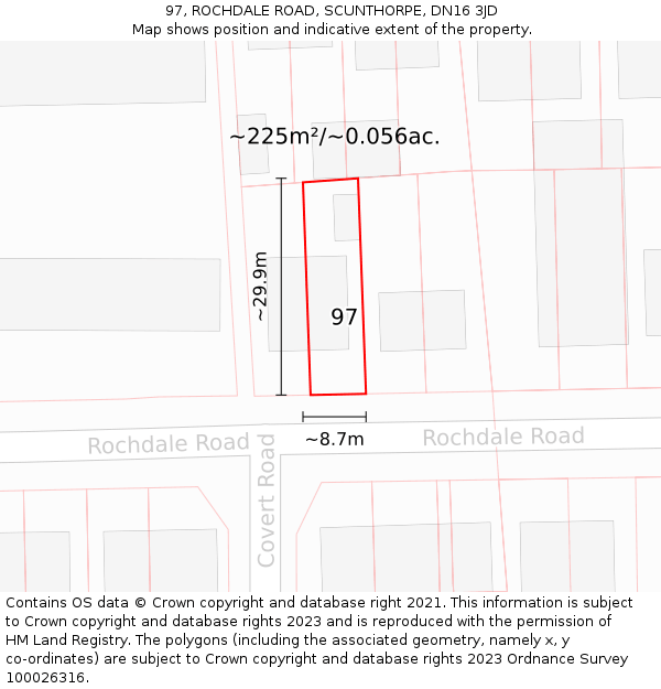 97, ROCHDALE ROAD, SCUNTHORPE, DN16 3JD: Plot and title map