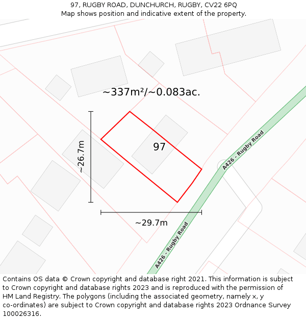 97, RUGBY ROAD, DUNCHURCH, RUGBY, CV22 6PQ: Plot and title map