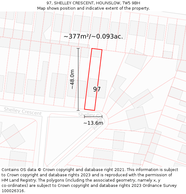 97, SHELLEY CRESCENT, HOUNSLOW, TW5 9BH: Plot and title map