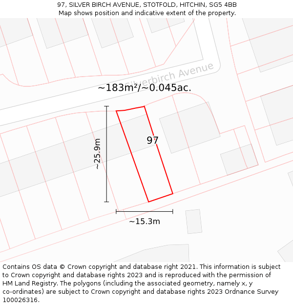 97, SILVER BIRCH AVENUE, STOTFOLD, HITCHIN, SG5 4BB: Plot and title map