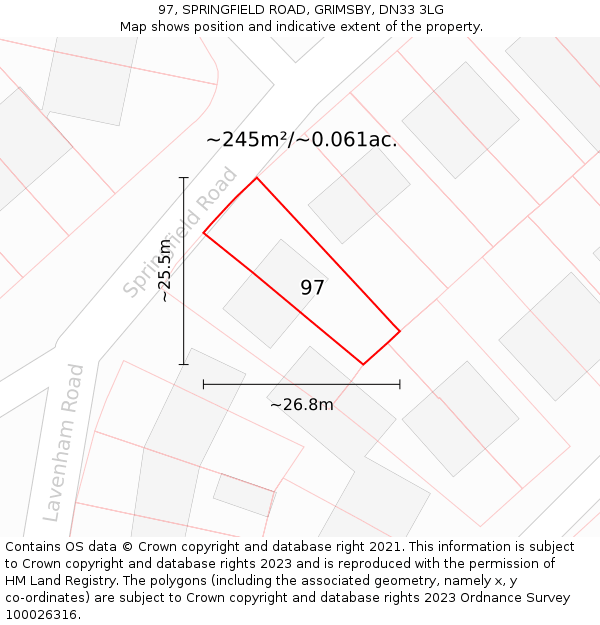 97, SPRINGFIELD ROAD, GRIMSBY, DN33 3LG: Plot and title map