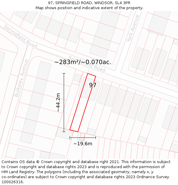 97, SPRINGFIELD ROAD, WINDSOR, SL4 3PR: Plot and title map