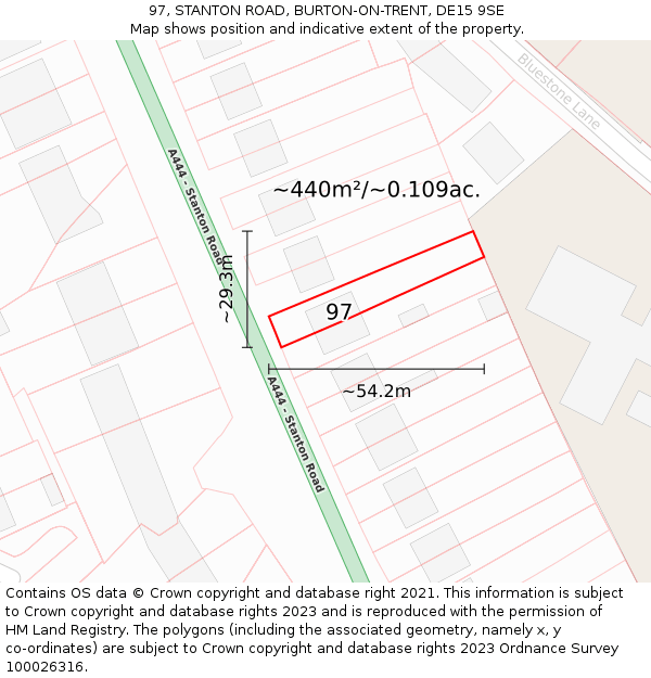 97, STANTON ROAD, BURTON-ON-TRENT, DE15 9SE: Plot and title map