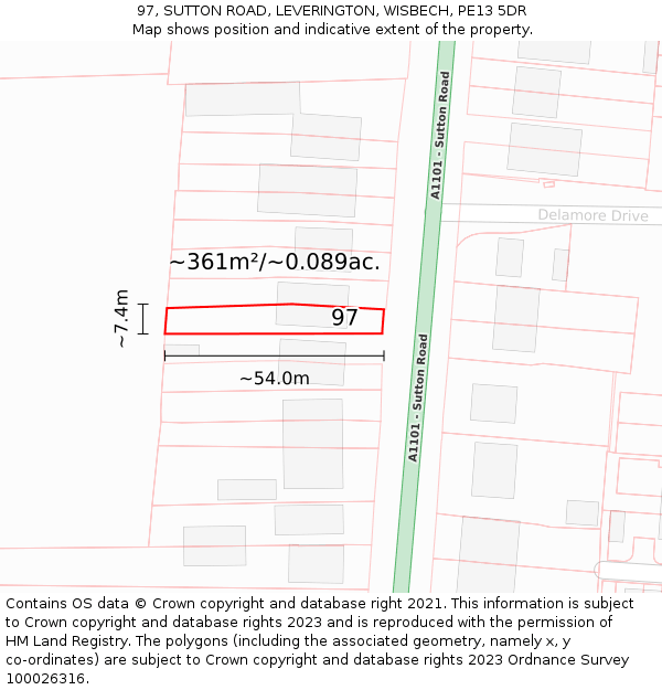 97, SUTTON ROAD, LEVERINGTON, WISBECH, PE13 5DR: Plot and title map