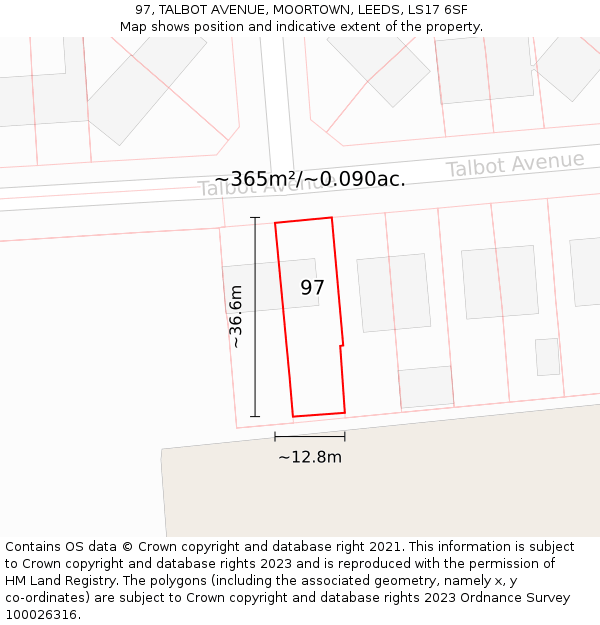 97, TALBOT AVENUE, MOORTOWN, LEEDS, LS17 6SF: Plot and title map
