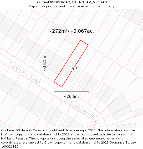 97, TAVERNERS ROAD, GILLINGHAM, ME8 9AG: Plot and title map