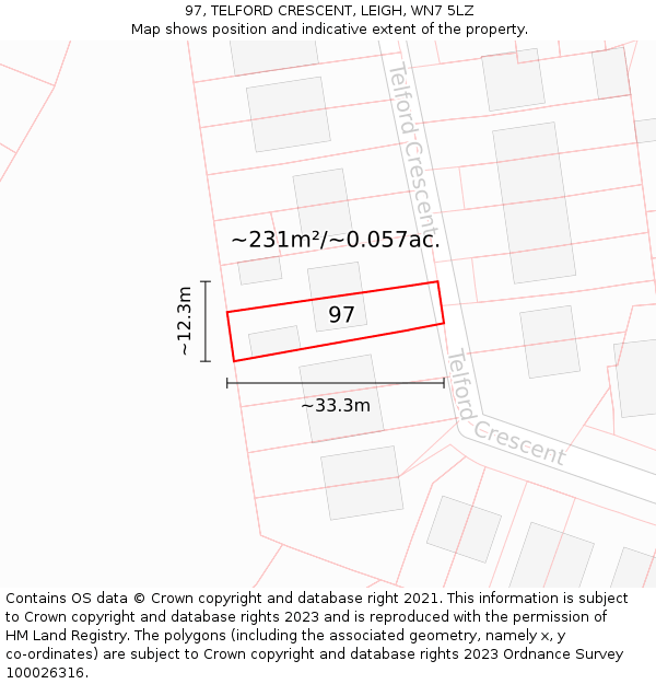 97, TELFORD CRESCENT, LEIGH, WN7 5LZ: Plot and title map