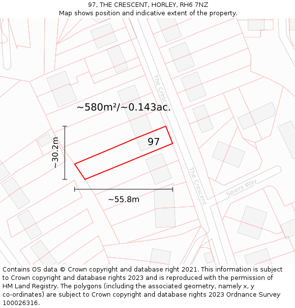 97, THE CRESCENT, HORLEY, RH6 7NZ: Plot and title map