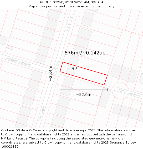 97, THE GROVE, WEST WICKHAM, BR4 9LA: Plot and title map