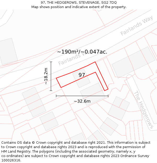 97, THE HEDGEROWS, STEVENAGE, SG2 7DQ: Plot and title map