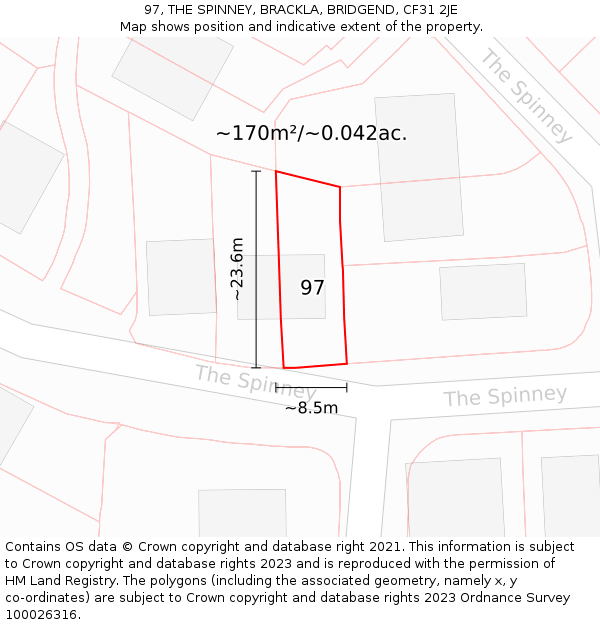 97, THE SPINNEY, BRACKLA, BRIDGEND, CF31 2JE: Plot and title map