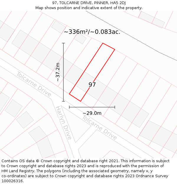 97, TOLCARNE DRIVE, PINNER, HA5 2DJ: Plot and title map