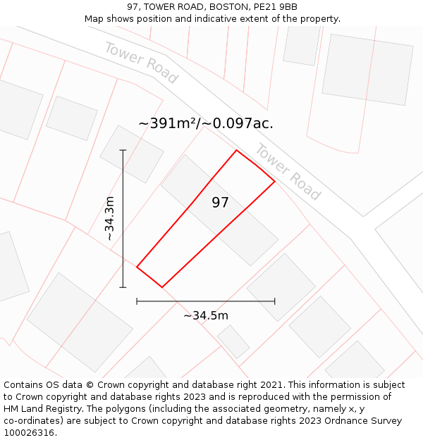 97, TOWER ROAD, BOSTON, PE21 9BB: Plot and title map