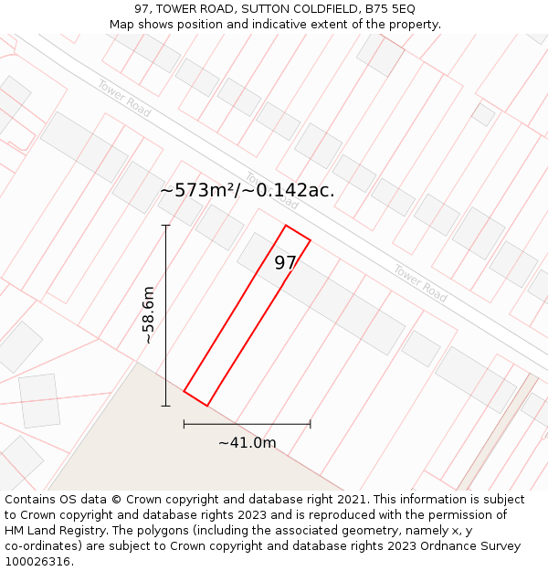 97, TOWER ROAD, SUTTON COLDFIELD, B75 5EQ: Plot and title map