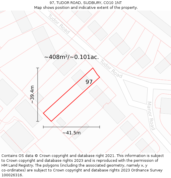 97, TUDOR ROAD, SUDBURY, CO10 1NT: Plot and title map