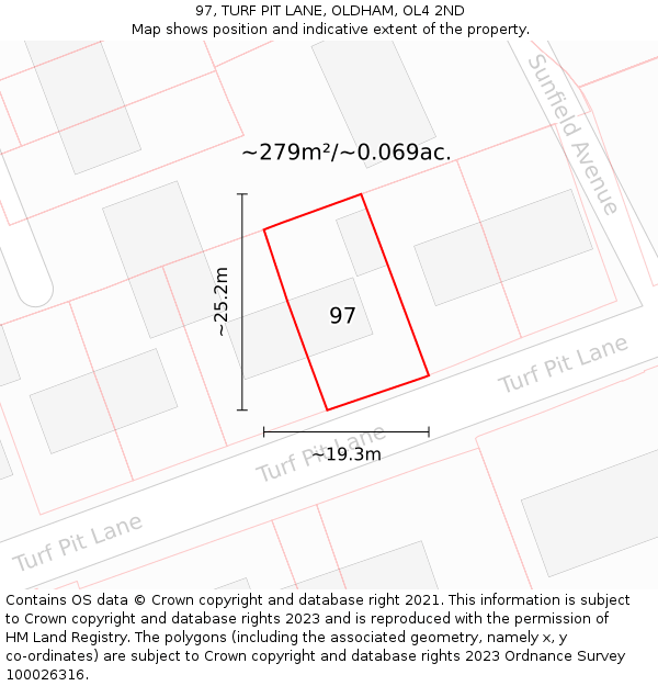 97, TURF PIT LANE, OLDHAM, OL4 2ND: Plot and title map