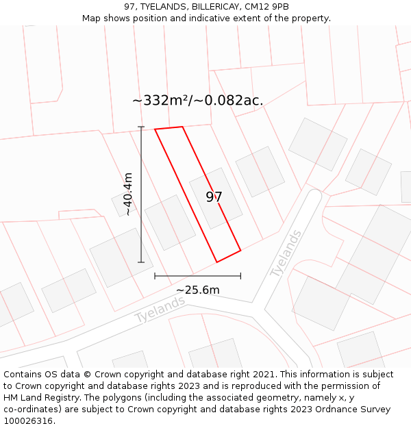 97, TYELANDS, BILLERICAY, CM12 9PB: Plot and title map
